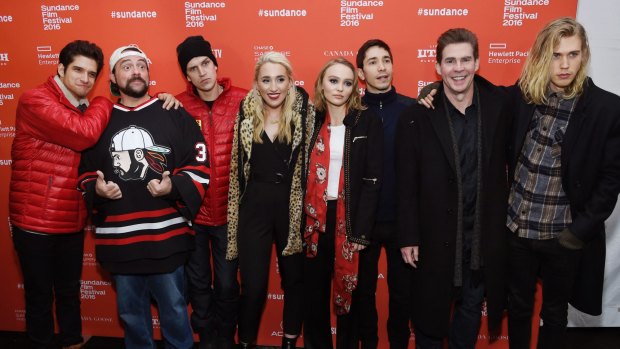 Kevin Smith (second from left), director of Yoga Hosers, with cast members (from left) Tyler Posey, Jason Mewes, Harley Quinn Smith, Lily-Rose Depp, Justin Long, Ralph Garman and Austin Butler.