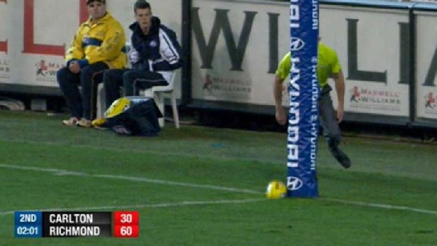 The goal, kicked by Chris Yarran, that was reviewed.