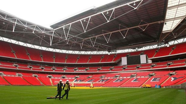 Workmen at the new Wembley Stadium in north London.