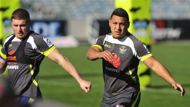 Canberra Raiders' Glen Buttriss with Josh Papalii.
