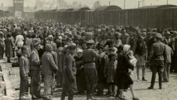 The arrival and processing of a transport of Jewish people at Auschwitz-Birkenau in May 1944. 