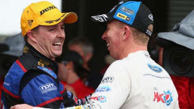Mark Winterbottom and Steve Richards celebrate after winning the Bathurst 1000 in October. The Ford Performance Racing driver aims to overhaul Jamie Whincup and Craig Lowndes at the Sydney 500.