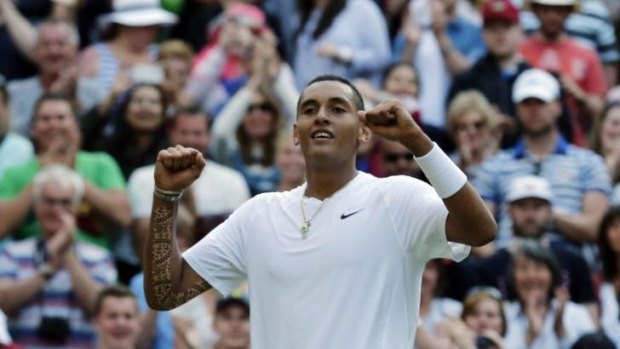 Australia's Nick Kyrgios celebrates defeating Rafael Nadal of Spain.