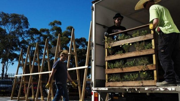 Workers construct the living installation <i>Democratic Garden</i> in Blacktown.