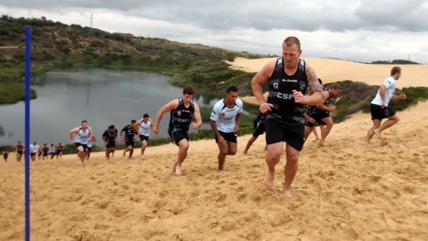 Torture on the sand ... Cronulla players power up the infamous Kurnell sandhills as new recruit Luke Lewis leads them around a post.