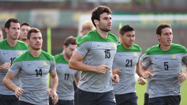 Ready to compete: The Socceroos during a training run on Thursday.