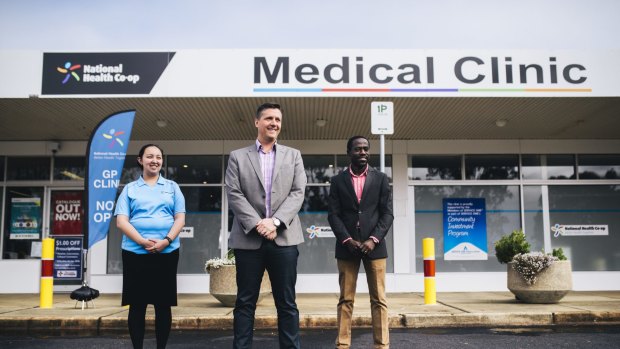 Nurse Kieth Ancheta, 
director Adrian Watts and medical director Joe Oguns outside the National Health Co-op medical clinic in Macquarie. 
