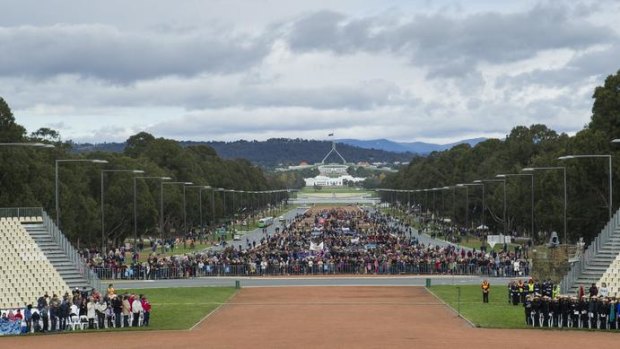 Crowds await the start of The National Ceremony at The Australian War Memorial yesterday.