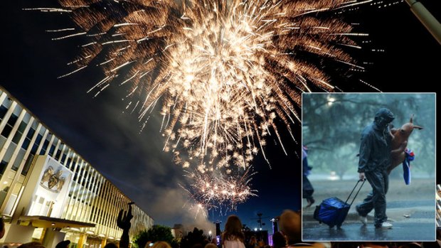 What the 2013 Australia Day celebration was supposed to be .. and ,inset, the reality for fireworks punters.