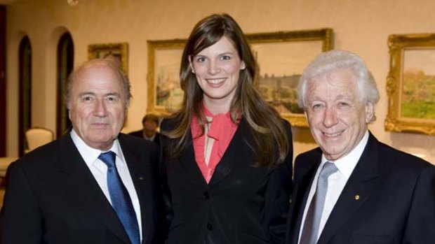 The FIFA president, Sepp Blatter (left), the Sports Minister, Kate Ellis, and the Football Federation Australia chairman, Frank Lowy.                  attached is photo of lowy, ellis and sep blatter  --- Subject: attached is photo of lowy, ellis and sep  blatter