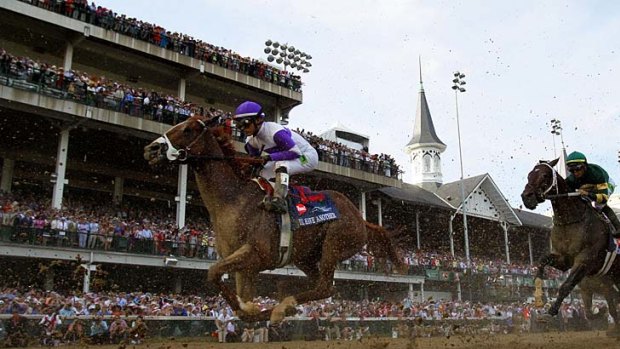 Mario Gutierrez comes down the front stretch atop I'll Have Another to win the 138th running of the Kentucky Derby at Churchill Downs.