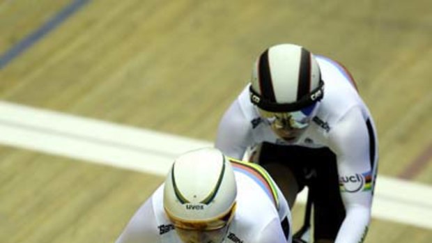 Kaarle McCulloch and Anna Meares of Australia ride to victory in the women's team sprint finals at the World Cup event in Manchester.
