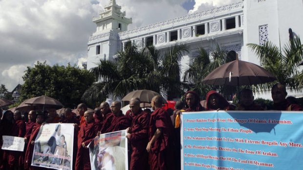 Call for calm ... Buddhist monks protest against the violence in Rakhine state outside the city hall in Rangoon.