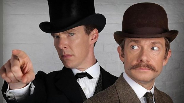 Benedict Cumberbatch and Martin Freeman in <i>Sherlock</i>'s upcoming Christmas episode.