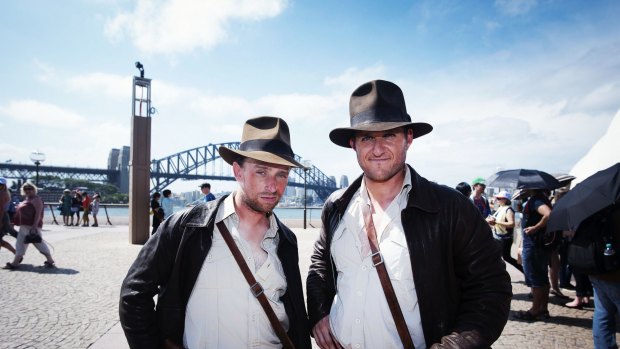 Rod Fletcher and Andrew Scott, Star Wars fans waiting to get a glimpse of actor Harrison Ford as he arrives for a Star Wars fan event at the Sydney Opera House.