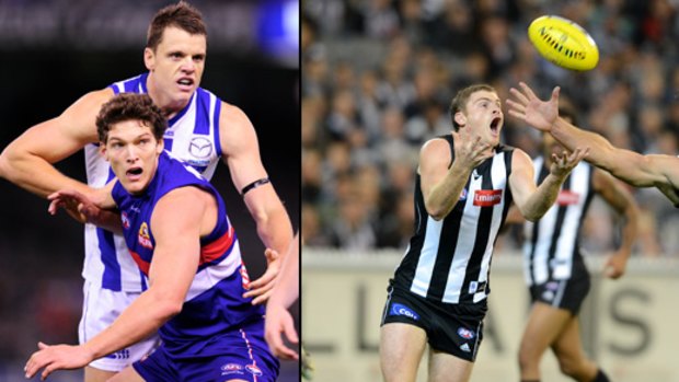 Left: Bulldog Will Minson battles with North’s Hamish McIntosh. Right: Collingwood’s Heath Shaw outmarking Geelong’s Tom Hawkins.
