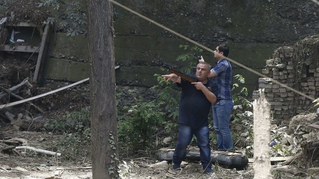 Armed municipality workers search for the tiger before it was killed.