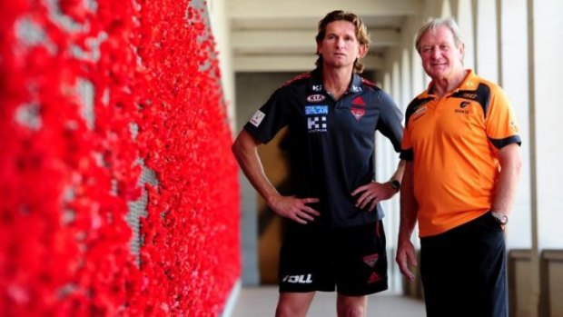 James Hird's Essendon are a regular on Anzac Day, while Kevin Sheedy's Giants want a piece of the action. The pair are pictured at the War Memorial in Canberra in 2013.