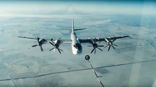 A Russian strategic bomber refuels en route to a mission over Syria.