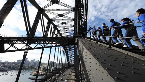 Climbing the bridge: no easy feat.