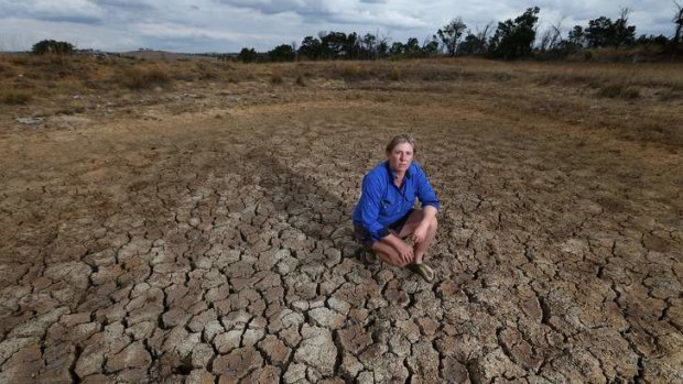 Dalton farmer Kelly Dowling in a dried-out dam in Gunning, NSW, on Friday 14 Friday 2014.
