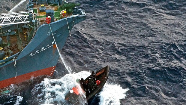 Japanese whalers try to deter members of the Sea Shepherd organisation who are trying to stop whaling in the Antarctic.