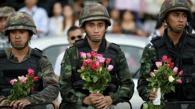 Difficult position: Thai soldiers guard the area near the Victory Monument in Bangkok.