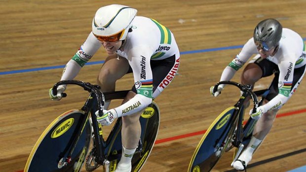 Anna Meares (L) and Kaarle McCulloch of Australia defend their title in the team sprint.
