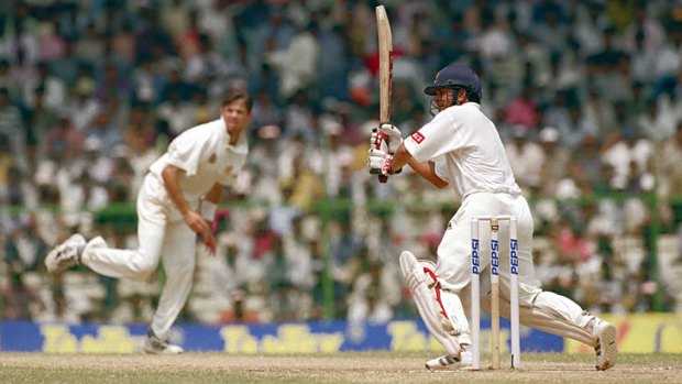 Sachin Tendulkar swings a deliver by Greg Blewett to the leg side boundary.