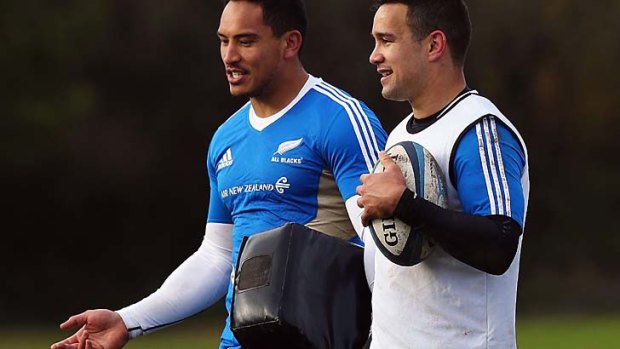 Highlander teammates ... Hosea Gear and Tamati Ellison at All Blacks training. Ellison will form a new midfield combination with Ben Smith.