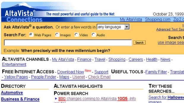 The Alta Vista search engine in 1999.