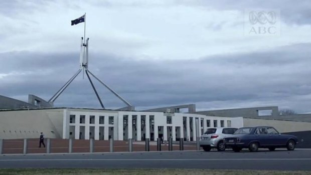 Yes, this might well be the best car park spot anyone has ever scored in Canberra. A scene from the opening episode of the new ABC political drama <i>The Code</i>. 