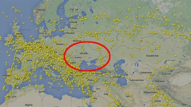 A screenshot showing flights avoiding the Ukraine shortly after MH17 came down.