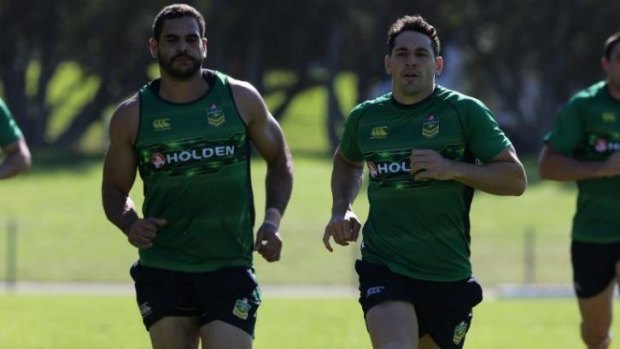 "It’s just about measuring yourself against your own performances": Storm and Kangaroos fullback Billy Slater training with South Sydney fullback Greg Inglis.