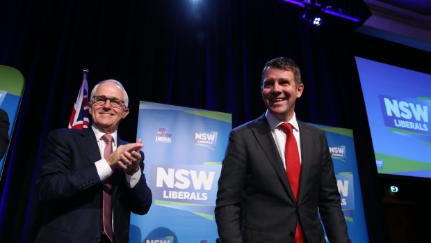 Prime Minister Malcolm Turnbull and NSW Premier Mike Baird at the NSW Liberal Party state conference at Sydney's Four Seasons Hotel on Saturday.