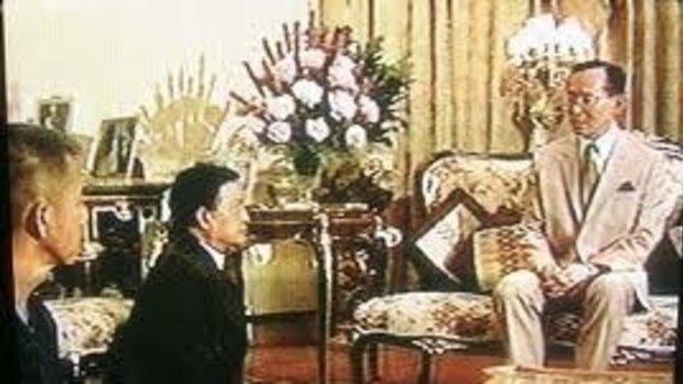 Thailand's King Bhumibol Adulyadej admonishes political rivals Chamlong Srimuang and Suchinda Kraprayoon after bloodshed in Bangkok in 1992.