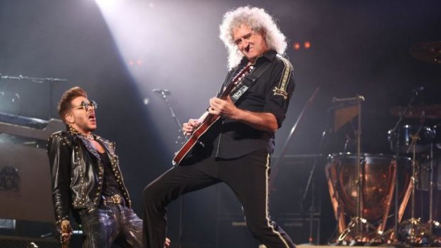 Adam Lambert on stage with Brian May in Sydney.