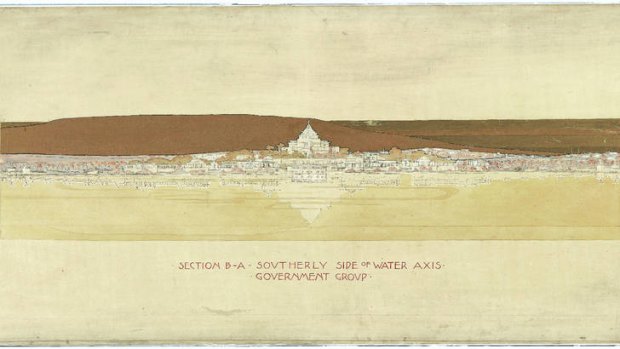 One of the drawings for the Canberra design competition rendered by Marion Mahony Griffin to accompany Walter Burley Griffin's entry in 1911.