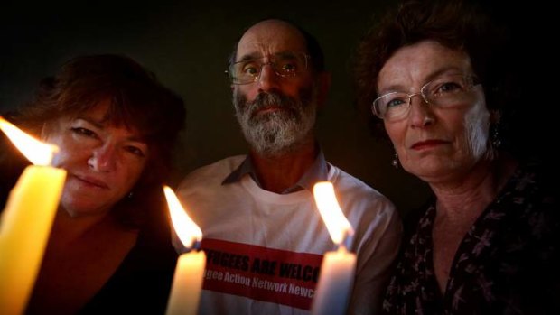 Members of Refugee Action Network Newcastle, who have organised a vigil for Tamil refugee Ranjini who has been in a detention centre for 12 months. Pictured Clare De Mayo, Niko Leka and Therese Doyle.