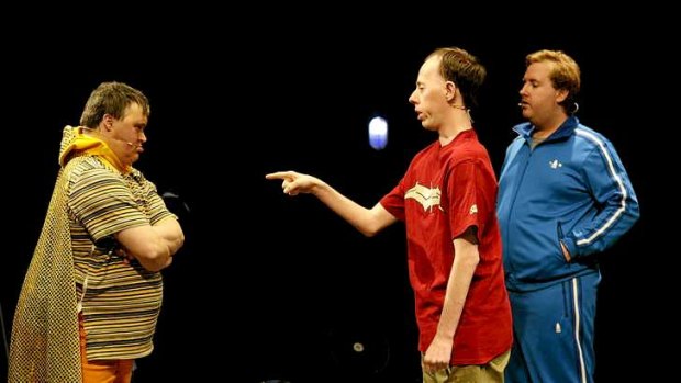 Mark Deans, Simon Laherty and Brian Tilley in Back to Back Theatre's <i>Super Discount</i>.