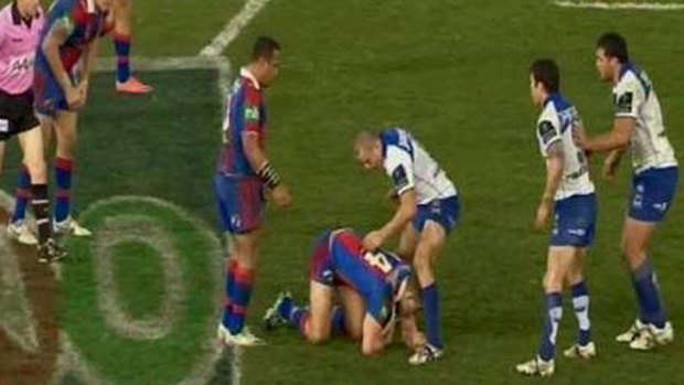 Newcastle v Canterbury, 78:23: Robbie Rochow played the ball before the referee (Suttor) called held. Penalty against Knights. Even referees boss Bill Harrigan said this should not have been a penalty. Rochow swears but is not penalised.