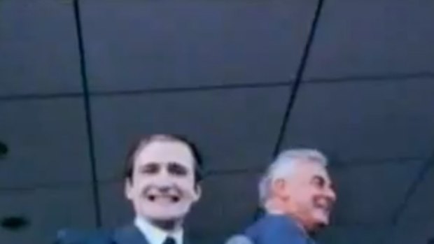 Screengrab of Norman Gunston (Garry McDonald) and Gough Whitlam after the Dismissal of Whitlam in 1975.