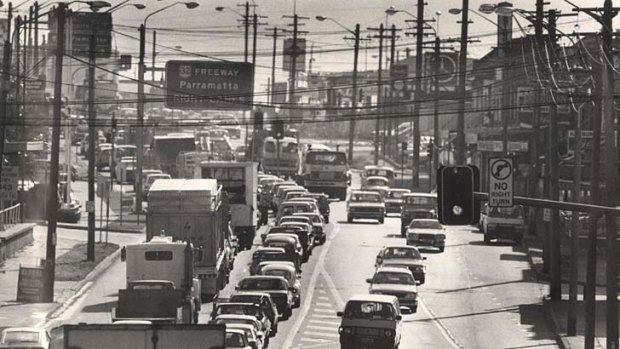 Reviled road ... westbound traffic gridlock on Parramatta Road in 1985.