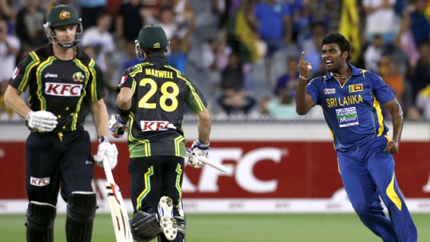 Sri Lanka's Thisara Perera yells towards Australia's batsmen Glenn Maxwell and Shaun Marsh after the last ball.