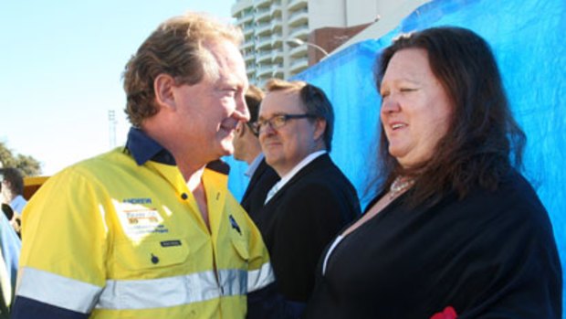 Iron ore magnates Gina Rinehart and Andrew Forrest at an anti-mining tax rally in Perth last year.