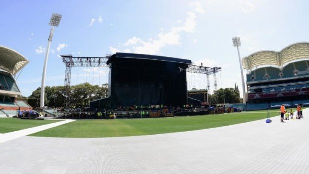 Adelaide Oval prepares: The Rolling Stones stage and lighting production ahead of the band's first concert on their 14 On Fire tour.
