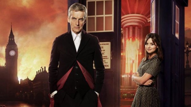 Edited: Peter Capaldi, as the doctor, with his assistant, played by Jenna Coleman.