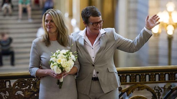 Just married: Sandy Stier, left, and Kris Perry after being married in City Hall in San Francisco.