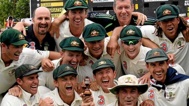 Better days: John Buchanan (top row, second from right) and the Australian team celebrate the country's last Ashes series success in 2006.