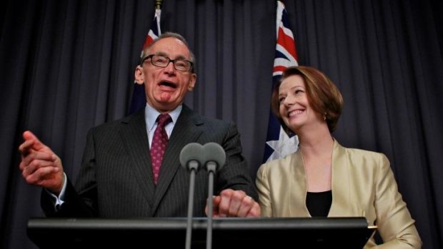Happier times: Then Prime Minister Julia Gillard announces former NSW premier Bob Carr as her foreign minister in March 2012. Mr Carr switched his allegiance to Kevin Rudd before the 2013 federal election. 